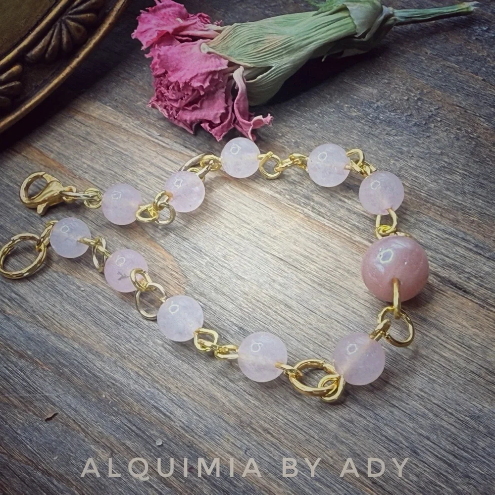 Peach MOONSTONE Rose Quartz and Gold Bracelet SOFT ALQUIMIA